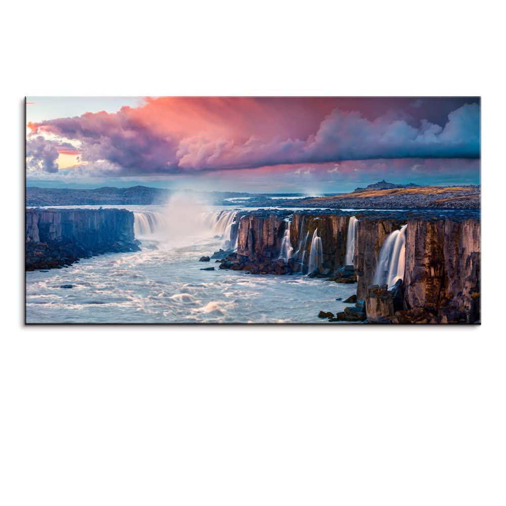 Cliff Waterfall Large Stretched Canvas Wall Art For Living Room Bedroom Home Decoration,Mordern Sunrise Scene Print Picture Painting Decor Giclee Artwork,Gallery Wrapped Gift,Inner Frame(24x48)