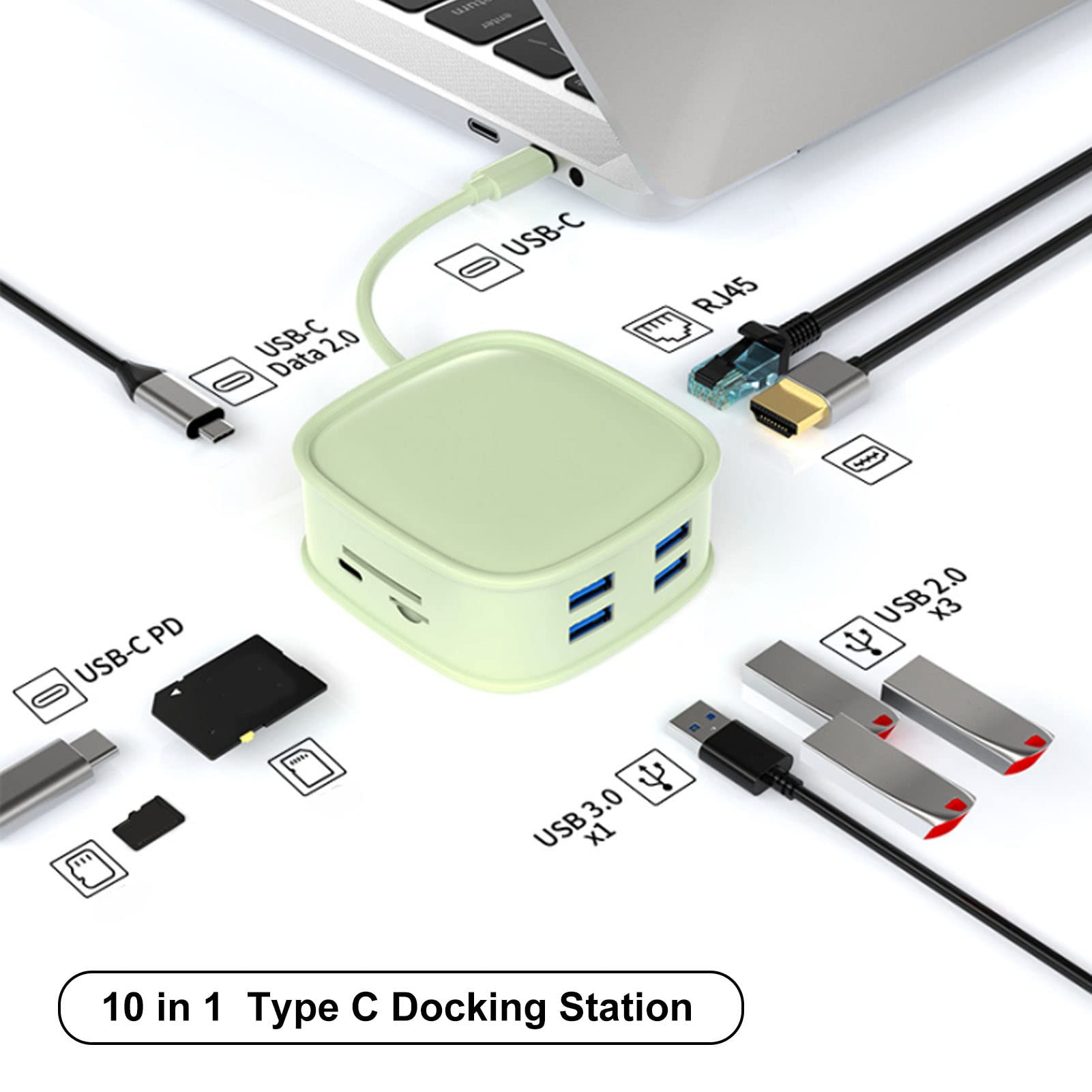 Hub USB C, 10 in 1 PD a Ricarica Rapida con risoluzione 4K HD 30Hz Plug And Play Porta RJ45 Adattatore HDMI USB3.0 Trasmissione ad Alta velocità Stazione Docking USB C (Verde)