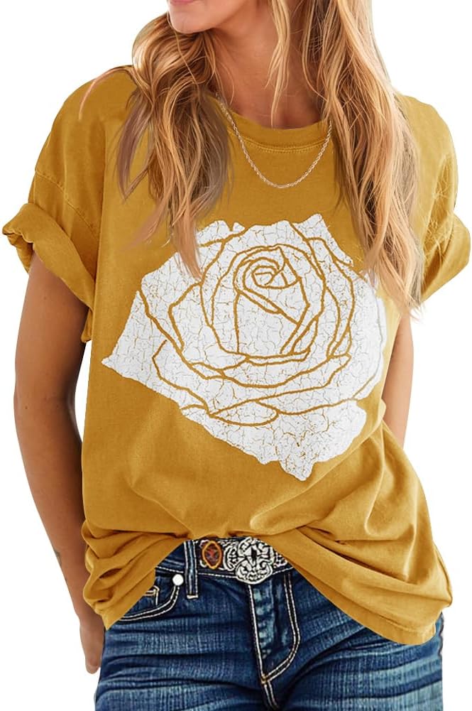 Womens Rose Graphic Tee T Shirt Loose Fit Summer Short Sleeve Casual Boyfriend Crew Neck Tops