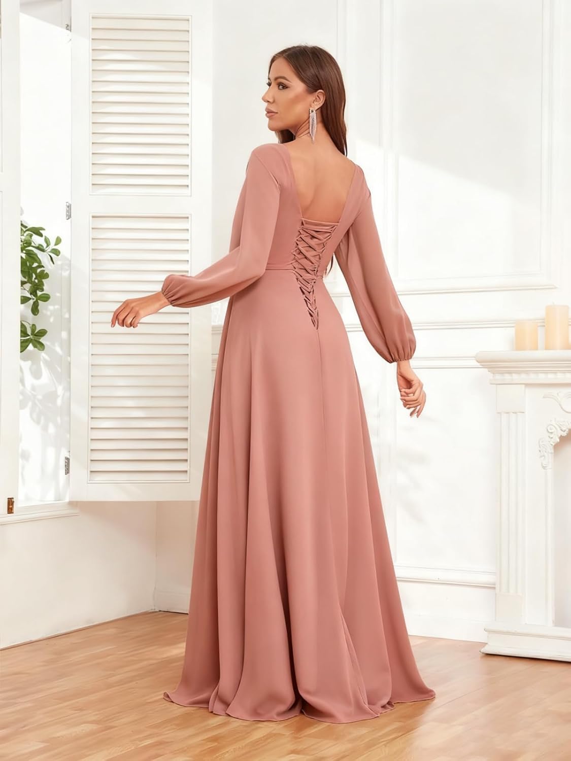 Long Sleeves Chiffon Bridesmaid Dresses for Women Square Neck A-Line Ruched Formal Gowns with Slit - Image 5