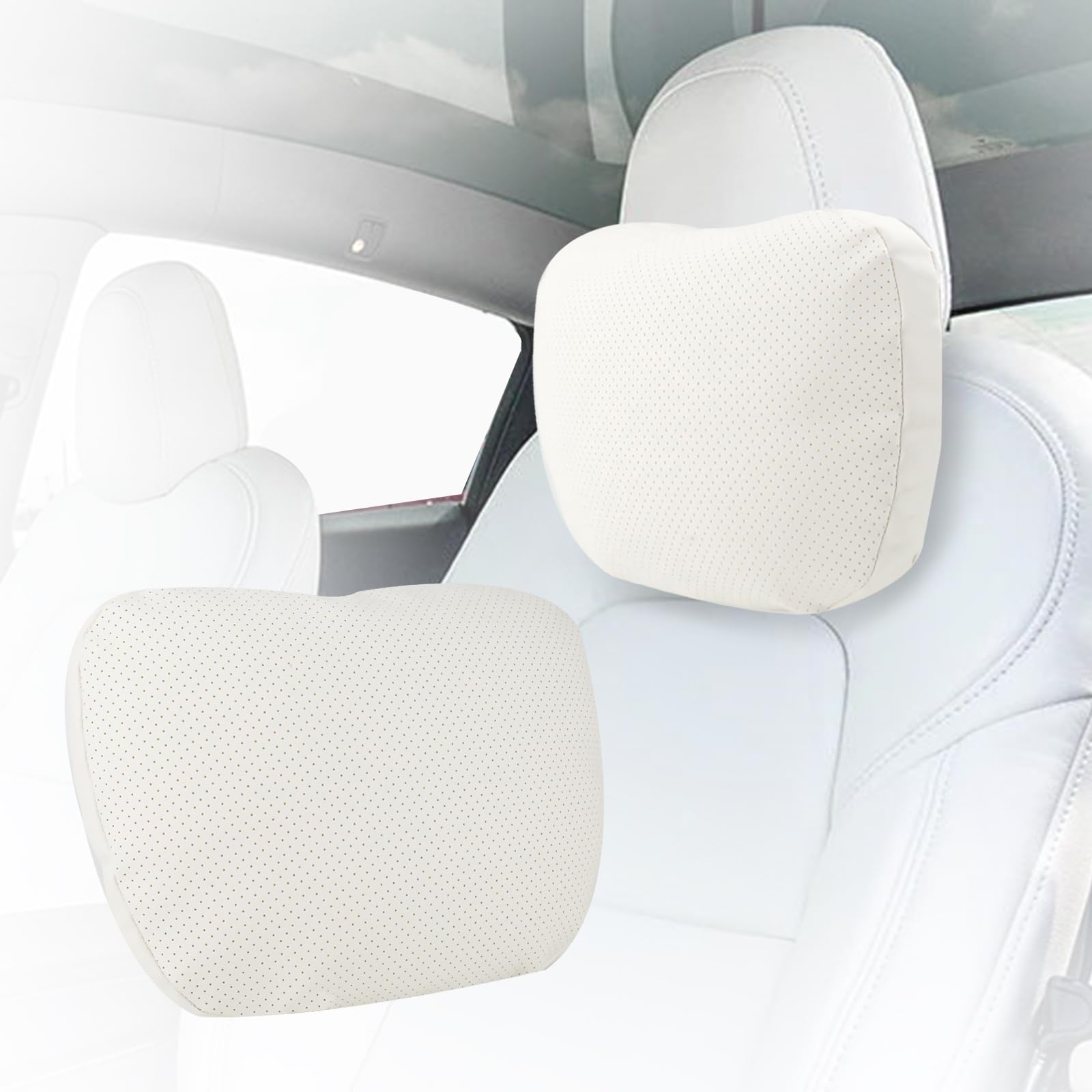 Photo 1 of Leather White Car Pillow Headrest Neck Support for Tesla Model Y/Model 3 Minimalist Designed 1 Pack 1 Pack White