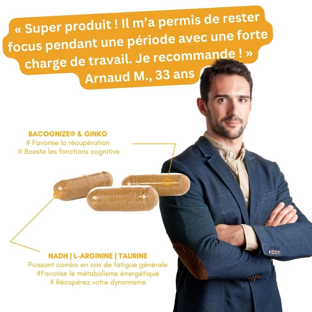 Booster Anti Fatigue Homme EVOM - Énergie Physique et Tonus Mental - Magnésium (26% VNR), Bacopa BACOGNIZE®, Ginkgo, NADH, acides aminés – Cure 20 jours – Complément Alimentaire Pour Homme
