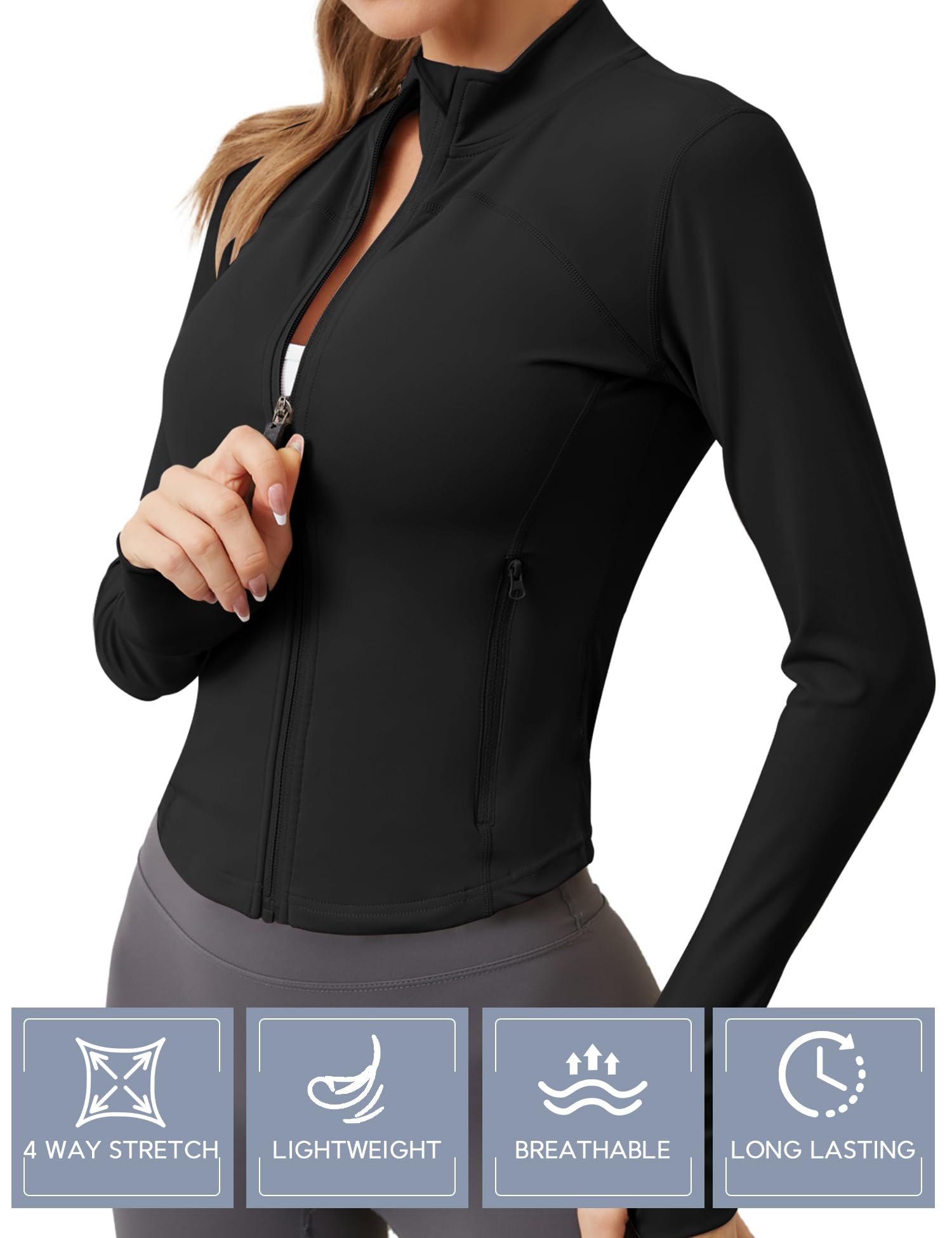 IECCP Maglietta sportiva da donna con zip e due tasche laterali, traspirante, per allenamento, yoga, fitness, con fori per il pollice