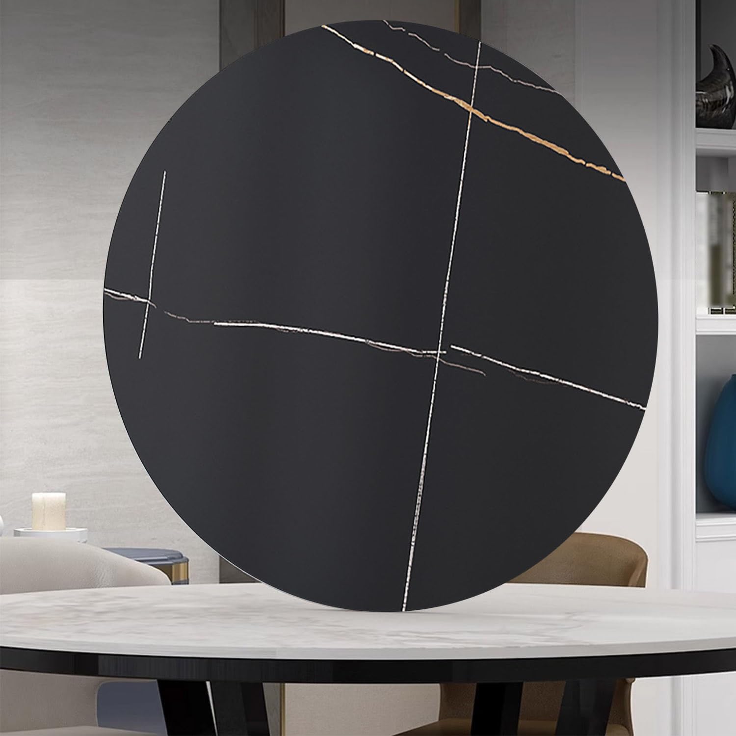Gramofon 91 cm na stół jadalny, duża, obrotowa, marmurowa tekstura, taca do serwowania, matowa czarna płyta rockowa, centralny element, idealna na rodzinne spotkania i rozrywkę
