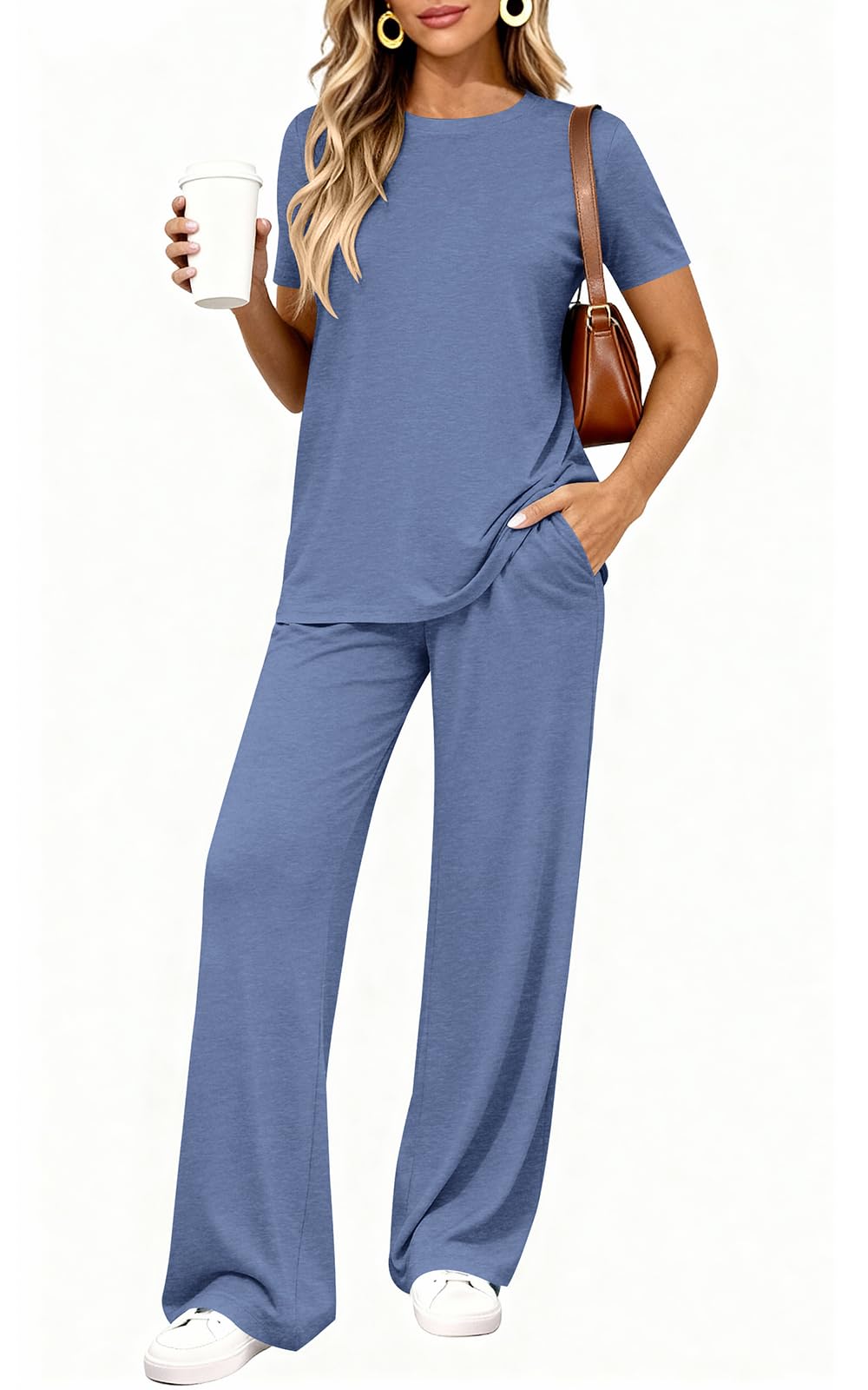 PRETTYGARDEN Spring Lounge Sets for Women 2 Piece Short Sleeve Crewneck Cute Tops and Wide Leg Pants with