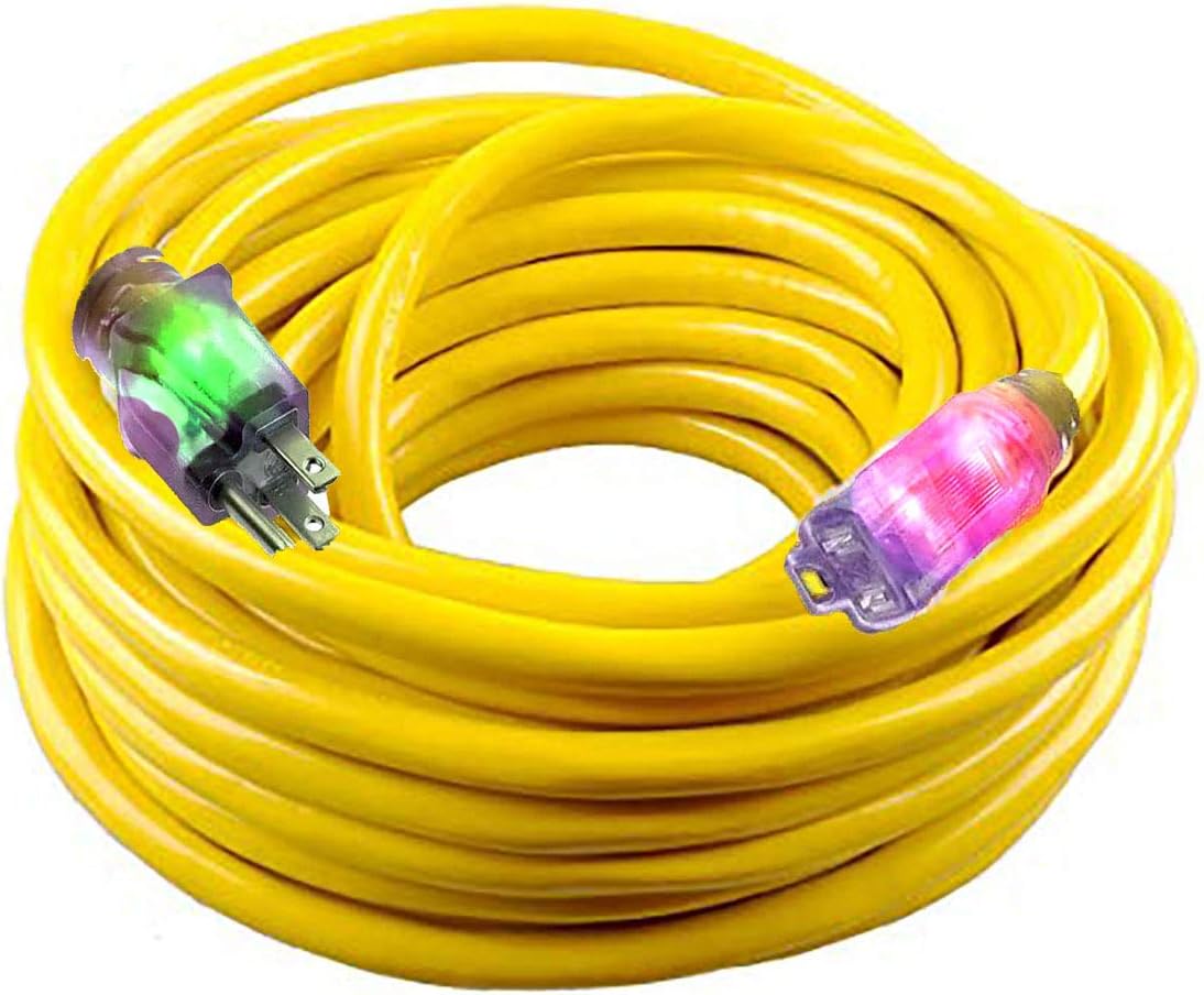 25 ft Extension Cord 12 Gauge – Heavy Duty 12/3 SJTW Outdoor Indoor Power Cord, Lighted Ends, Flexible Weatherproof Copper Wire, 15 Amp 125V 1875W, ETL Listed, Yellow