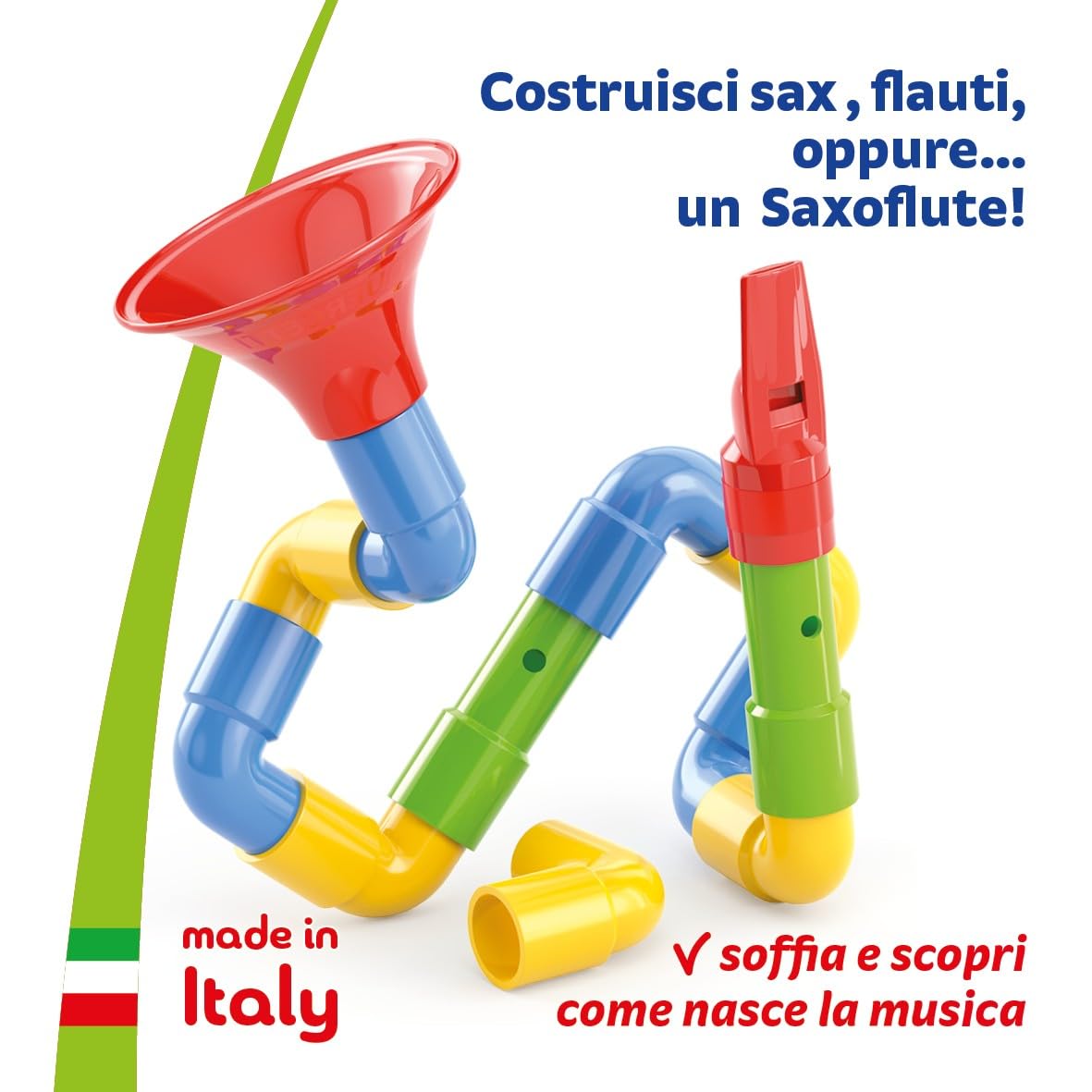Quercetti Saxoflute, Giochi Musicali 2 Anni fino ai 4 Anni, Costruzioni per Bambini 3 Anni, Flauto e Tromba con Tubi Colorati, Giochi per Bambini Made in Italy