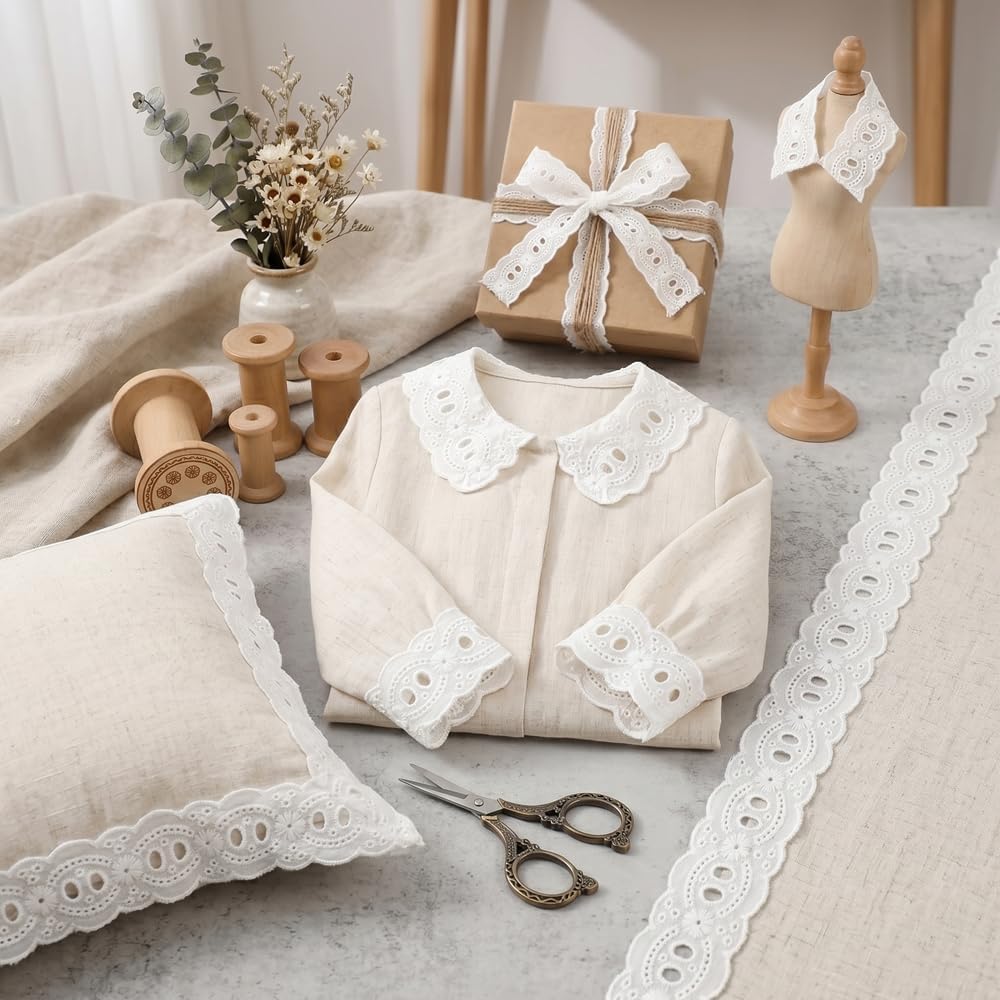 IDONGCAI 1.35" White Cotton Eyelet Lace Trim, 7 Yards - Vintage Embroidered Scalloped Ribbon for Sewing, Apparel Edging & Cottagecore Crafts - Fabric Supply for Farmhouse Home Decor