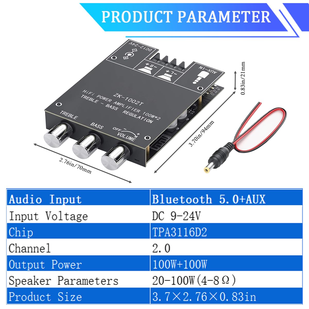 ZK-1002T 200W Bluetooth Amplifier Board 2.0 CH Audio Amp with Treble and Bass Control HiFi Power Amp Board BT and AUX Input DC 9-24V Stereo Amplifier Module for DIY Speaker with Power Cable