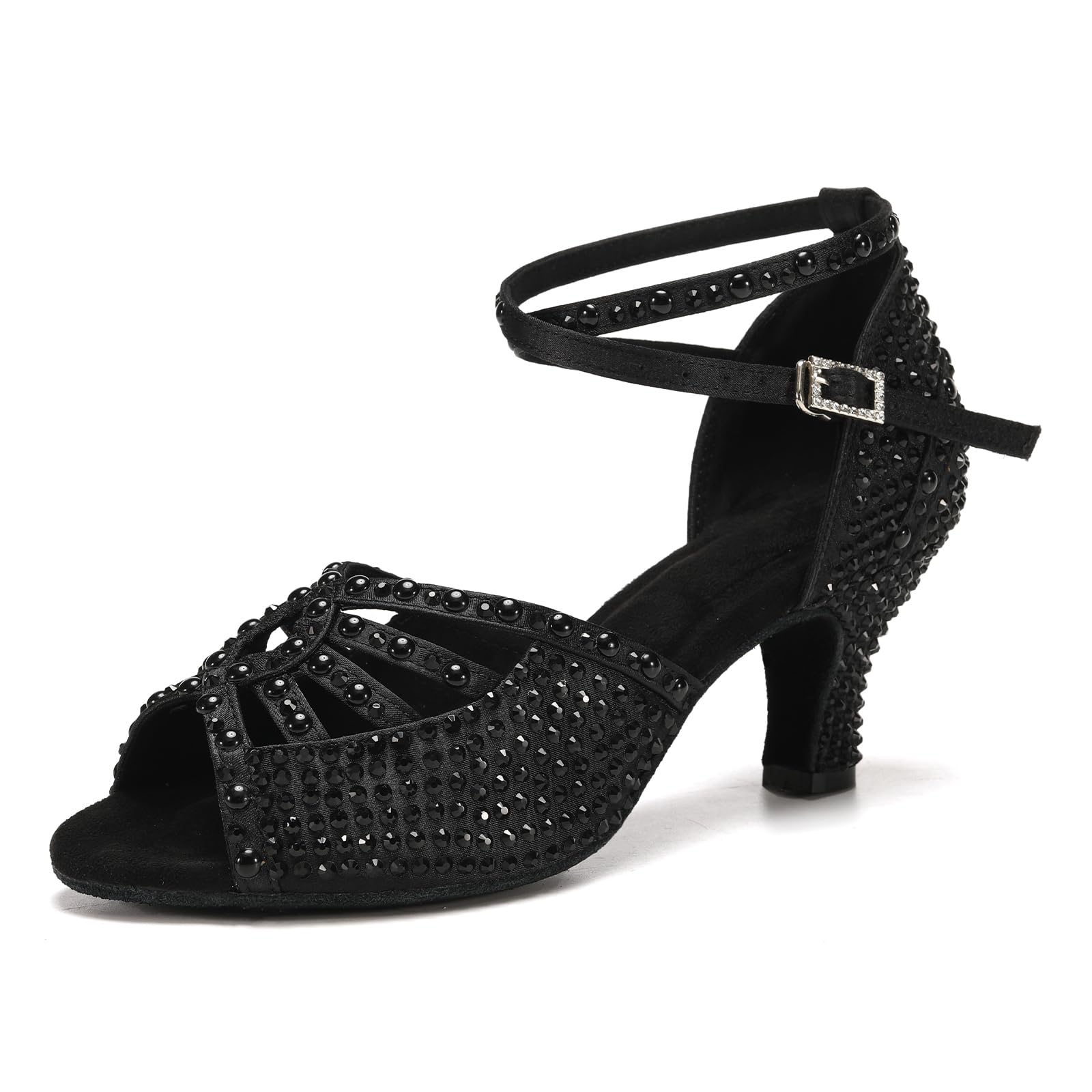 JUODVMP Women's Latin Dance Shoes Rhinestones Satin Ballroom Dancing Shoes Salsa Professional Dance Shoes