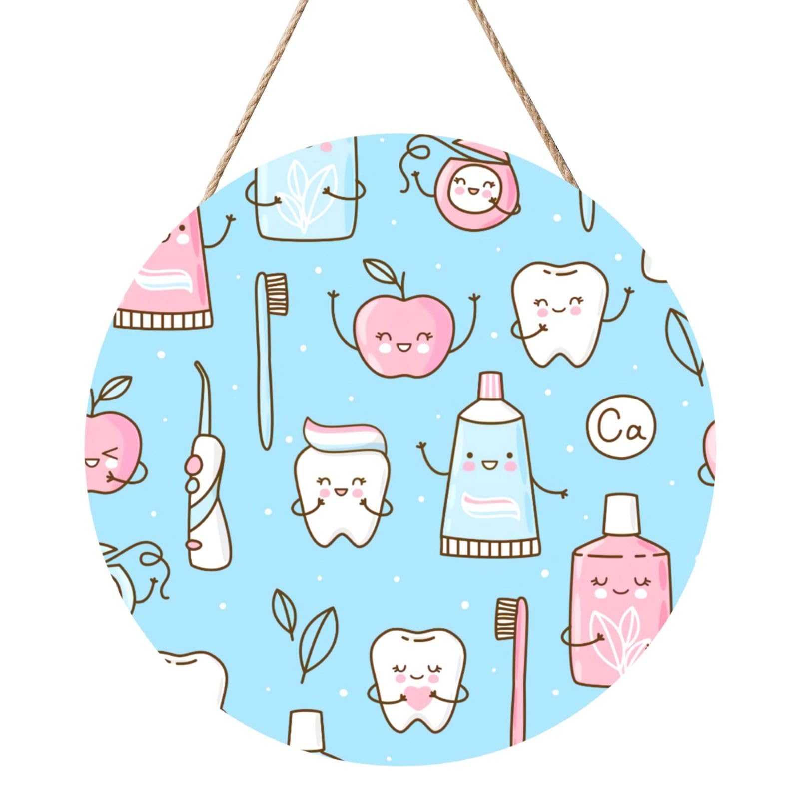 InOmak Dentist Teeth Tooth Brushes, Round Wood Panel Painting 12 in, Wall Hanging Painting For Home