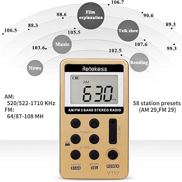 Retekess V112 AM FM Radio Portable, Mini Radio(Gold) | for Walking, Jogging, Digital Tuning, Rechargeable Battery, LCD Display