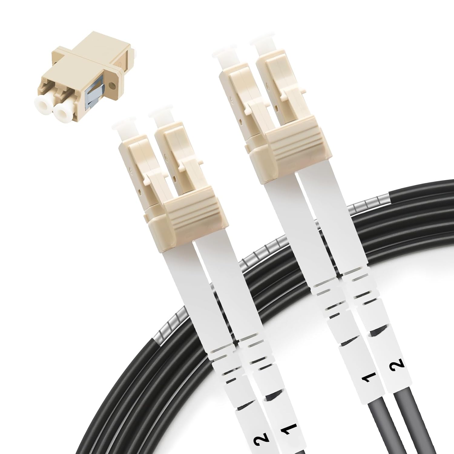 20M(65ft) Outdoor Armored LC to LC Fiber Optic Internet Cable with Adapter Coupler, Multimode Duplex Fiber Patch Cord, 50/125um-OD3mm-10G/40G-OM3-Low Friction LSZH-Black
