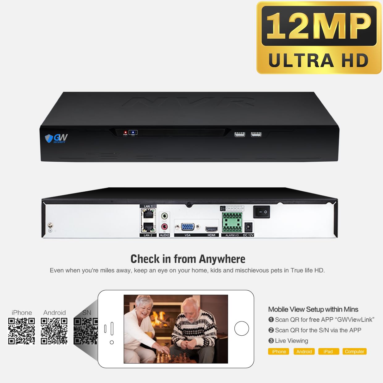 GW Security Videoregistratore di rete da 12 MP 4K a 32 canali NVR TAA e NDAA con app mobile gratuita, capacità di archiviazione 24 TB, senza costi mensili (GW6832N)