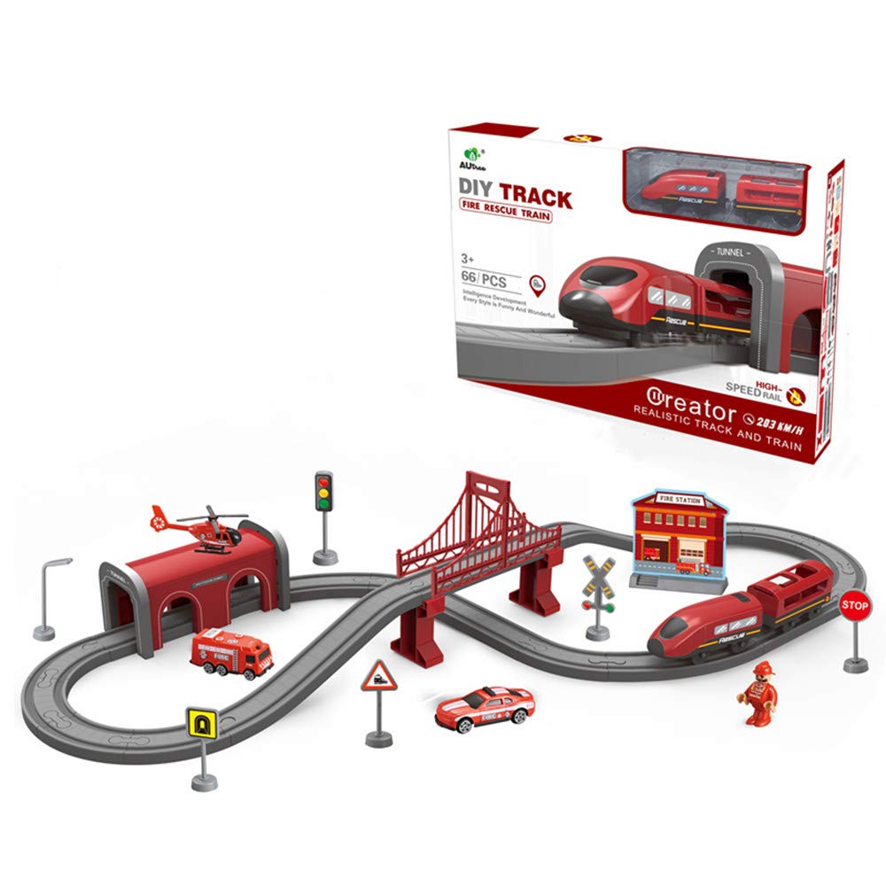 Train Sets for Kids, 66 Pcs, with Bridge, Tunnel and Other Accessories (Red)