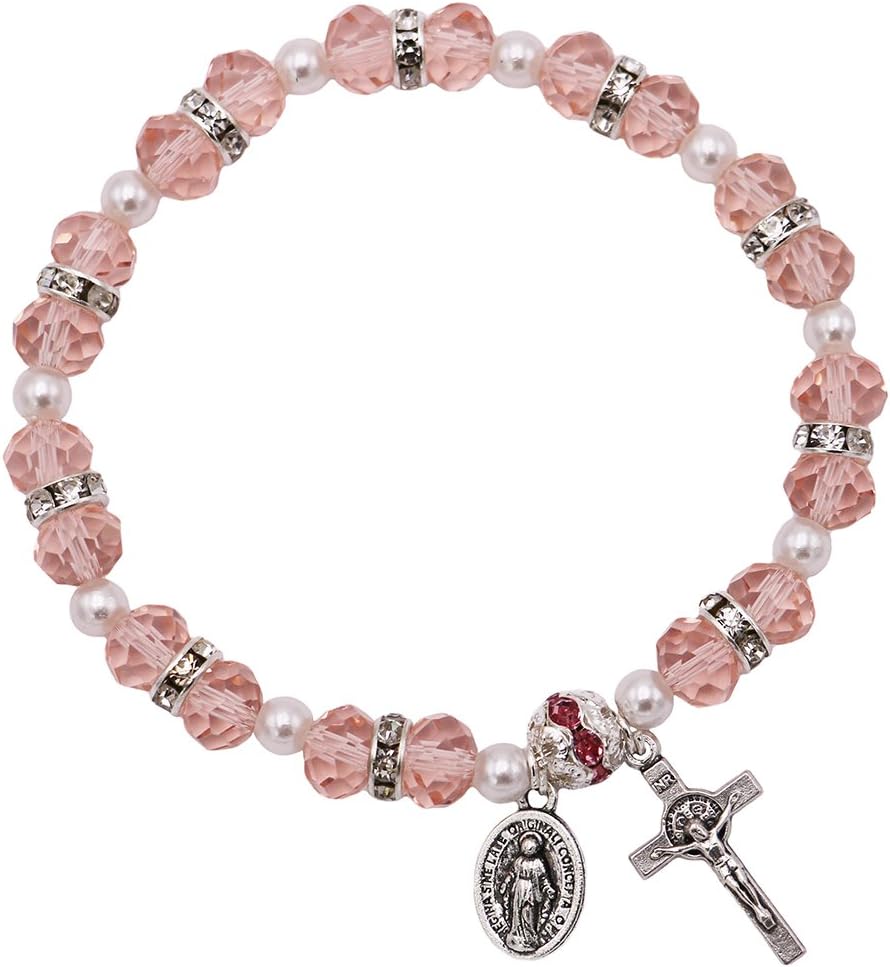 Rosemarie Collections Women's Beaded Stretch Rosary Bracelet with Crucifix and Miraculous Medal