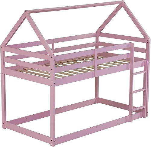 Miniatura 89 de Litera baja individual sobre individual, base de cama de madera maciza con escalera y barandillas de seguridad, literas individuales para niños y