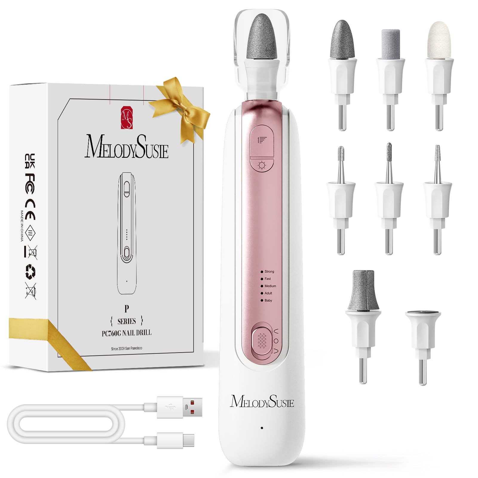 MelodySusie Maniküre-Pediküre-Set, PC760G 8-in-1 Wiederaufladbarer Nagelfräser mit 5 Geschwindigkeiten, LED-Licht, Elektrische Fußpflege für Hühneraugen & Schwielen