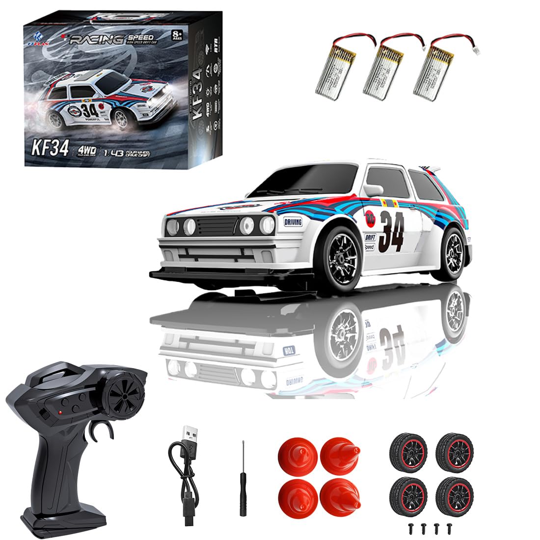 NULA 1:43 Scale 4WD Drift RC Car with Proportional 2.4GHz Control, High Speed Remote Racing Vehicle with Interchangeable Tires and LED Light System for Adults Hobbyists