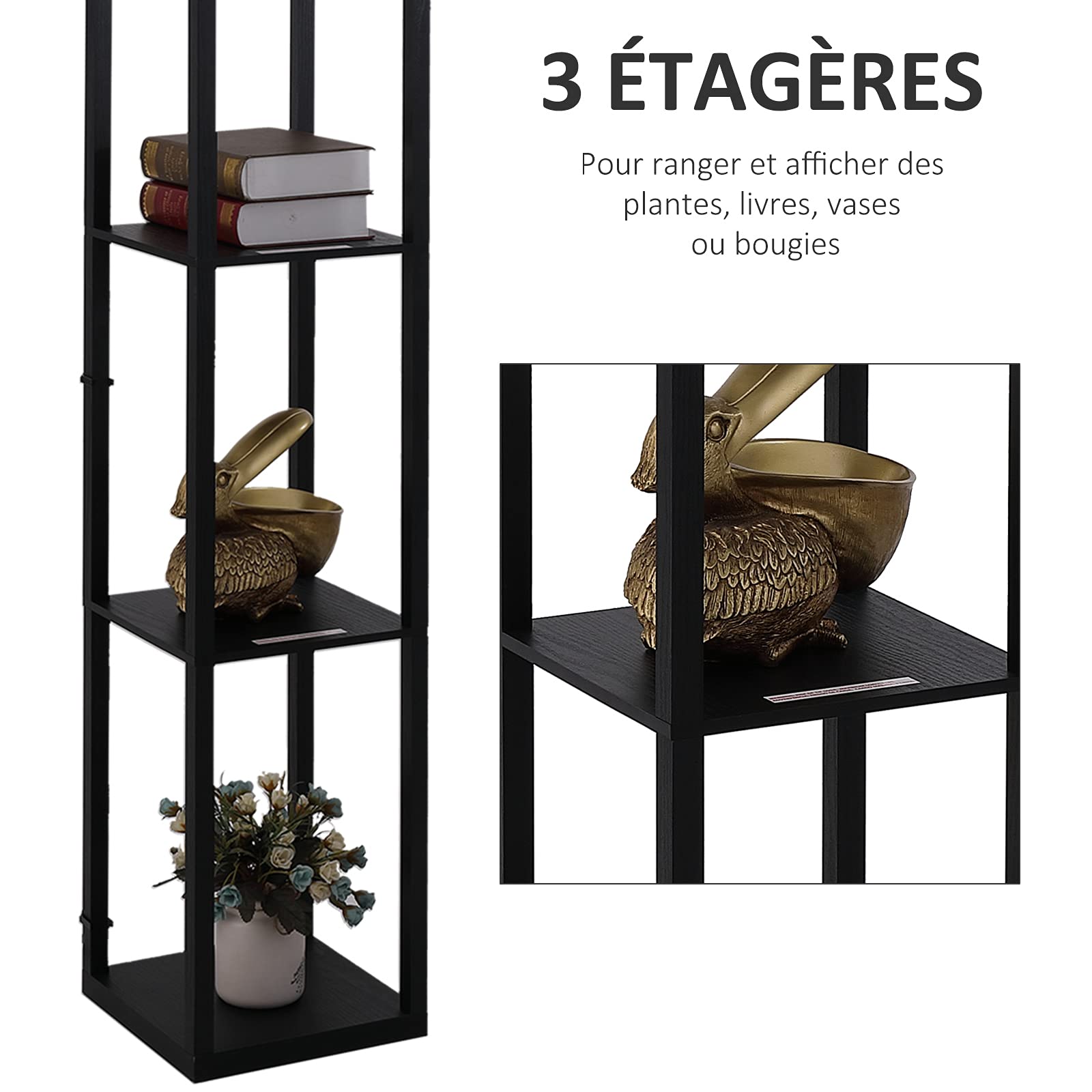 HOMCOM Lampadaire Étagère Lampe Étagère 26L x 26l x 160H cm MDF Noir