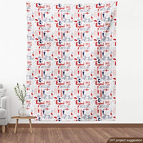 Image of Ambesonne London Fabric by The Yard, Sketch Artwork Country British Cultural Composition in Doodle Style, Decorative Fabric for Upholstery and Home Accents, 1 Yard, Vermilion Blue