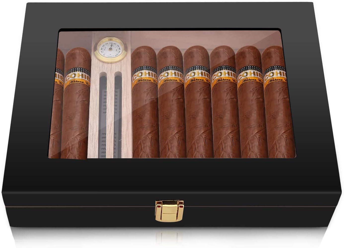 Bald Eagle High Gloss Cigar Humidor Cigar Box for 10-15 Cigars, Real Solid Spanish Cedar Wood, Luxury Hygrometer and Humidifier, Desktop Humidors Gloss Black