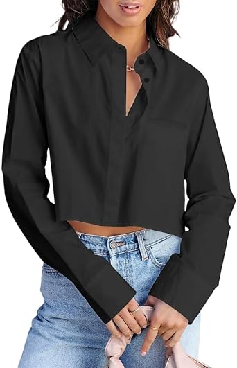 INFITTY Button Down Shirts for Women Long Sleeve Casual Crop Tops Solid Lapel Blouse Shirt with Pocket