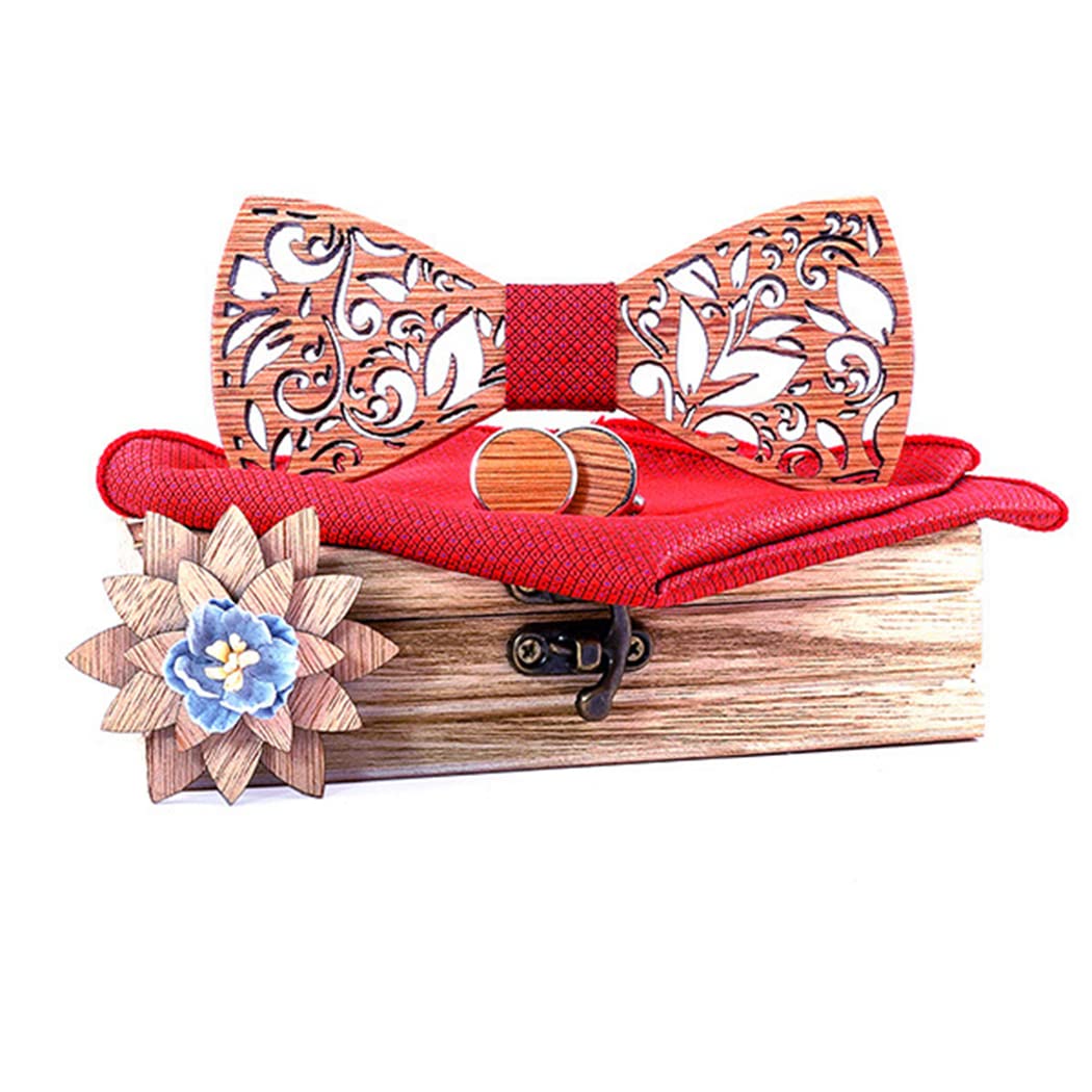 Noeud Papillon Bois, Ensemble de 4 Pièces Noeud Papillon en Bois et Boutons de Manchette et Broche en Bois et Carré de Poche, Fait Main, Accessoire Mode
