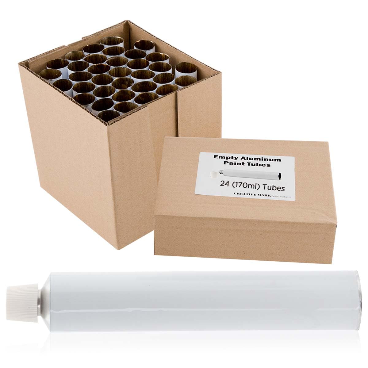 Creative Mark Empty Paint Tubes - Box of 24 Empty Aluminum Paint Tubes & Caps, 170 ml, Easy-Open Caps, Easy to Crimp, Perfect for Storing Custom Mixed Acrylics, Gouaches, Watercolors, Oils