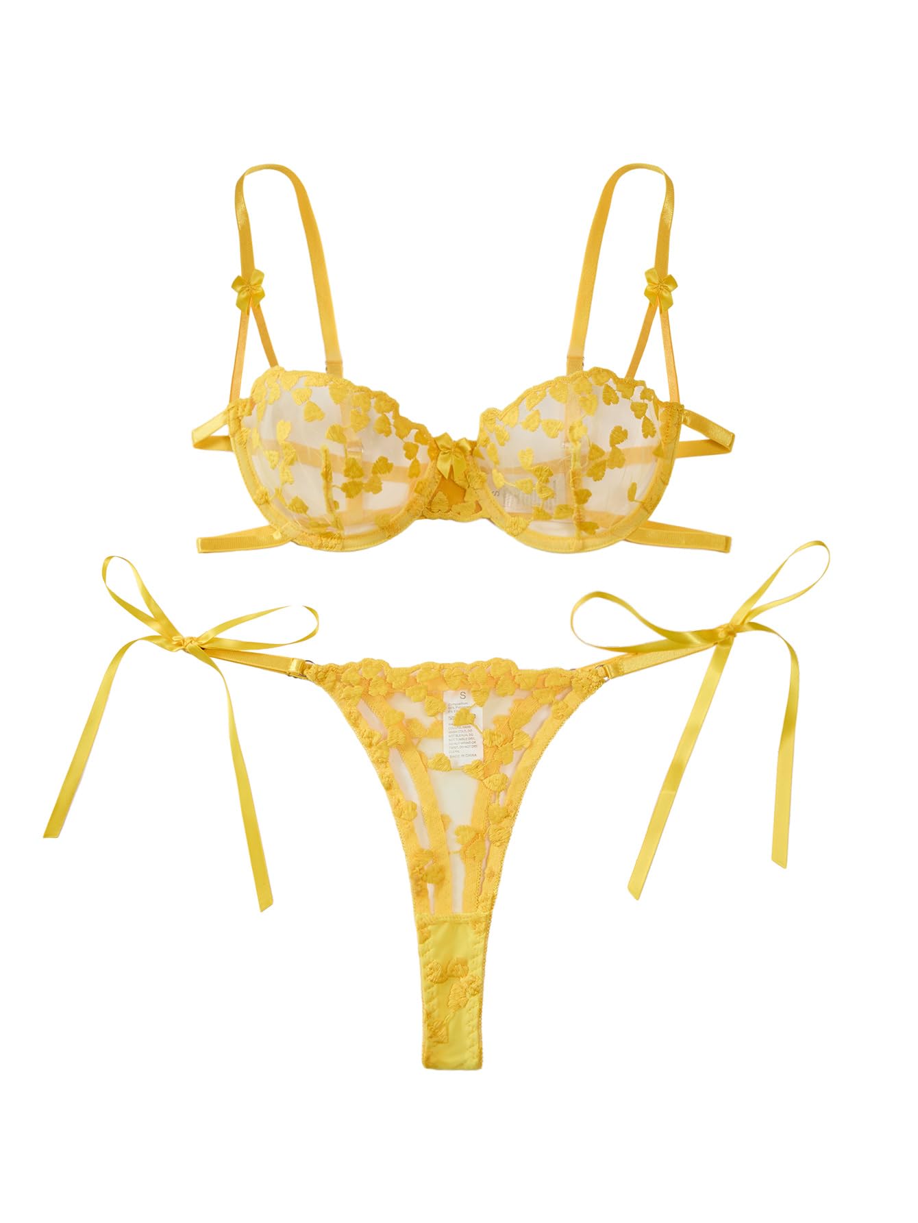 Sexy Tie Side Cute Underwire Push Up Strappy Embroidered Mesh Sheer Lingerie Set