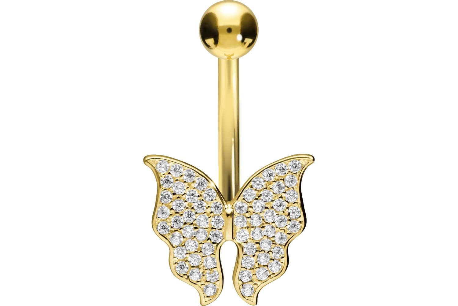 PIERCINGLINE 18 Karat Gold Bauchnabelpiercing mit KRISTALLSCHMETTERLING Bananabell Piercing Gelbgold
