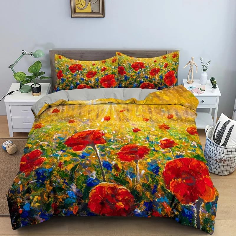 Housse de Couette Impression 3D Coquelicot Jaune en Tissu Microfibre Léger et Respirant