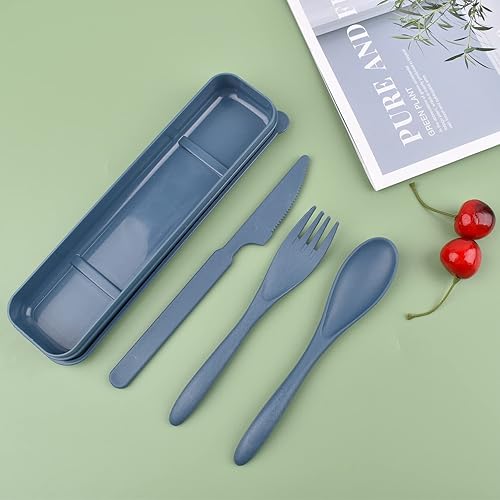 Miniatura 10 de Lnrkai Juego de utensilios reutilizables con estuche, 4 juegos de cucharas de plástico portátiles grandes, tenedor, cuchillo, utensilios de