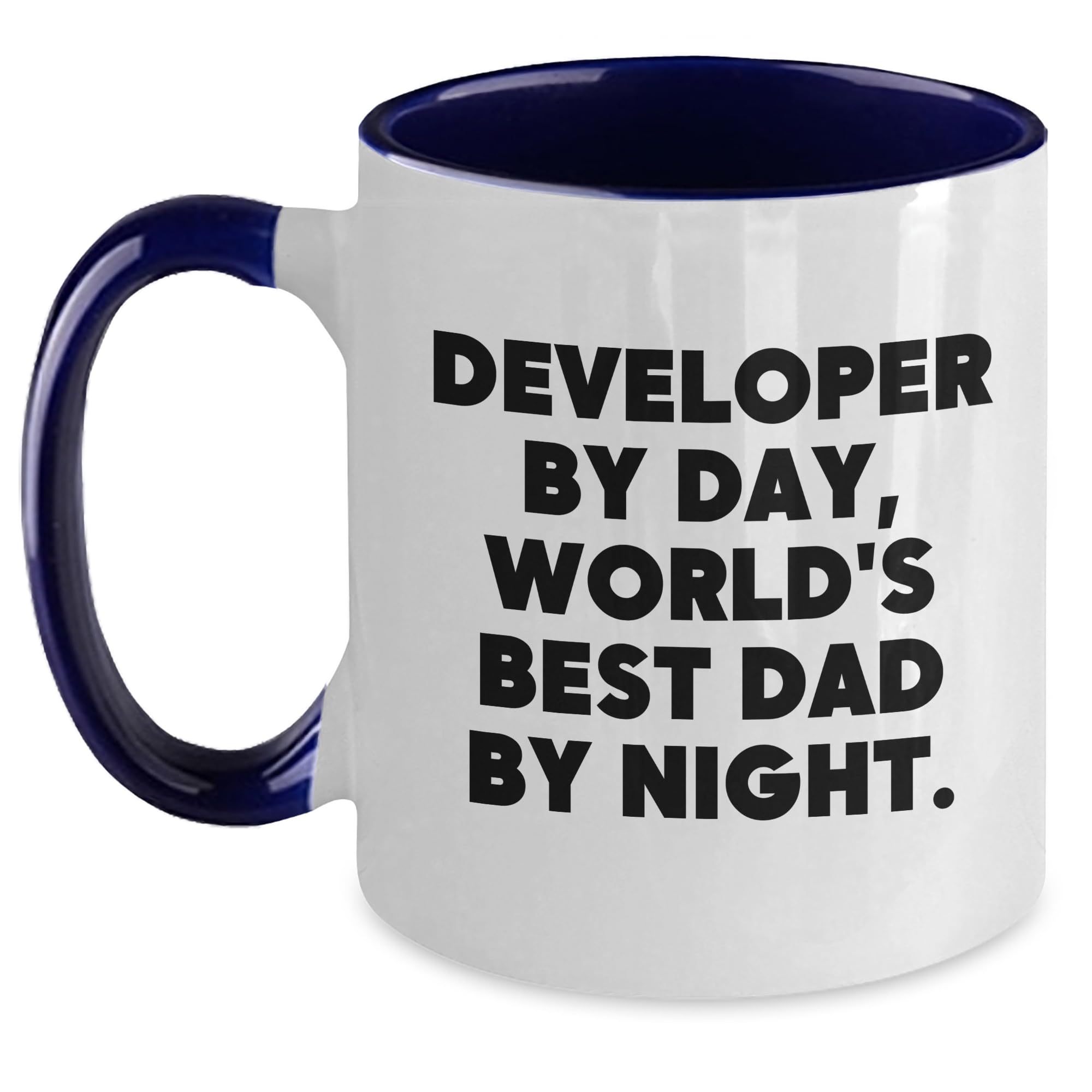 Developer By Day, World's Best Dad By Night. Funny Two Tone Coffee Mug, Gifts from Dad to Developer, Birthday Unique Gifts for Developer