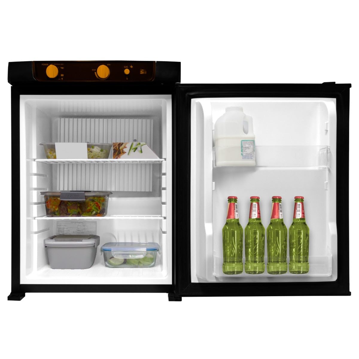 3-drożna lodówka kempingowa 43 l, chłodnica 240 V/12 V, lodówka gazowa, do kampera/przyczepy kempingowej RV, absorpcyjna, czarna, 100% bezgłośna, drzwi otwierane po lewej lub prawej stronie, wyjmowane