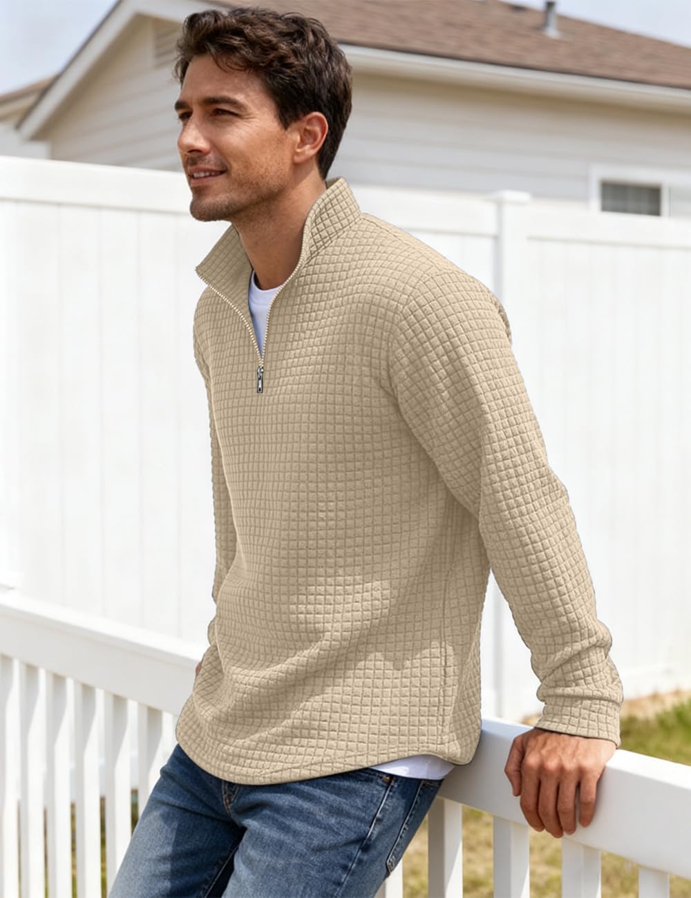 Mens Quarter Zip Pullover Quilted Sweatshirt Waffle Mock Neck Casual Long Sleeve Polo Sweater - Image 5