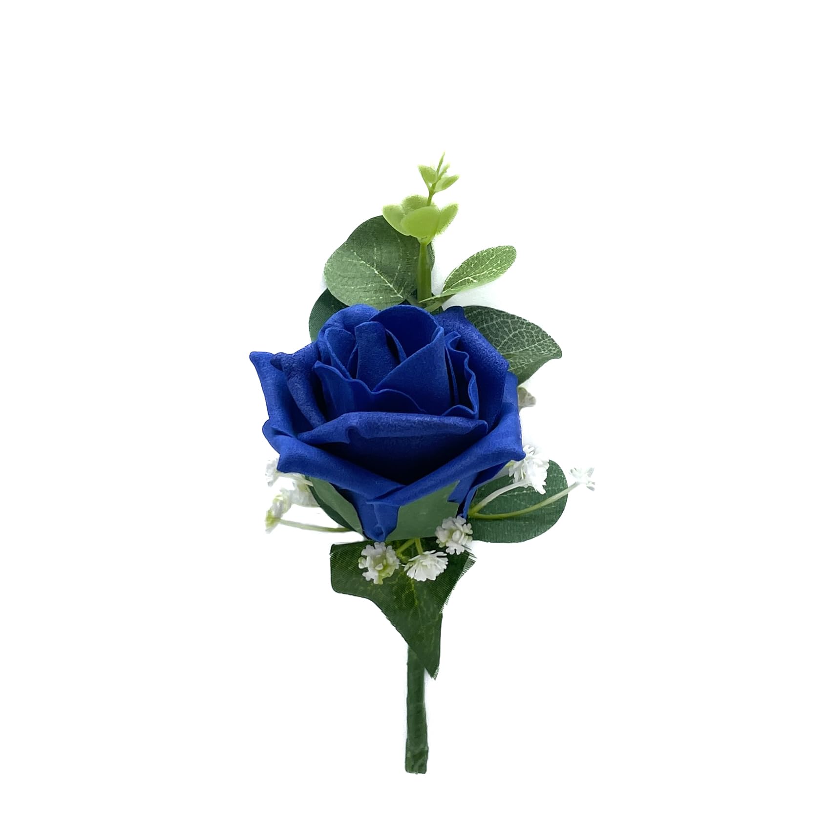 Artificial Wedding Flowers Hand-made by Petals Polly, Royal Blue Single Foam Rose Buttonhole with Eucalyptus & Gypsophila