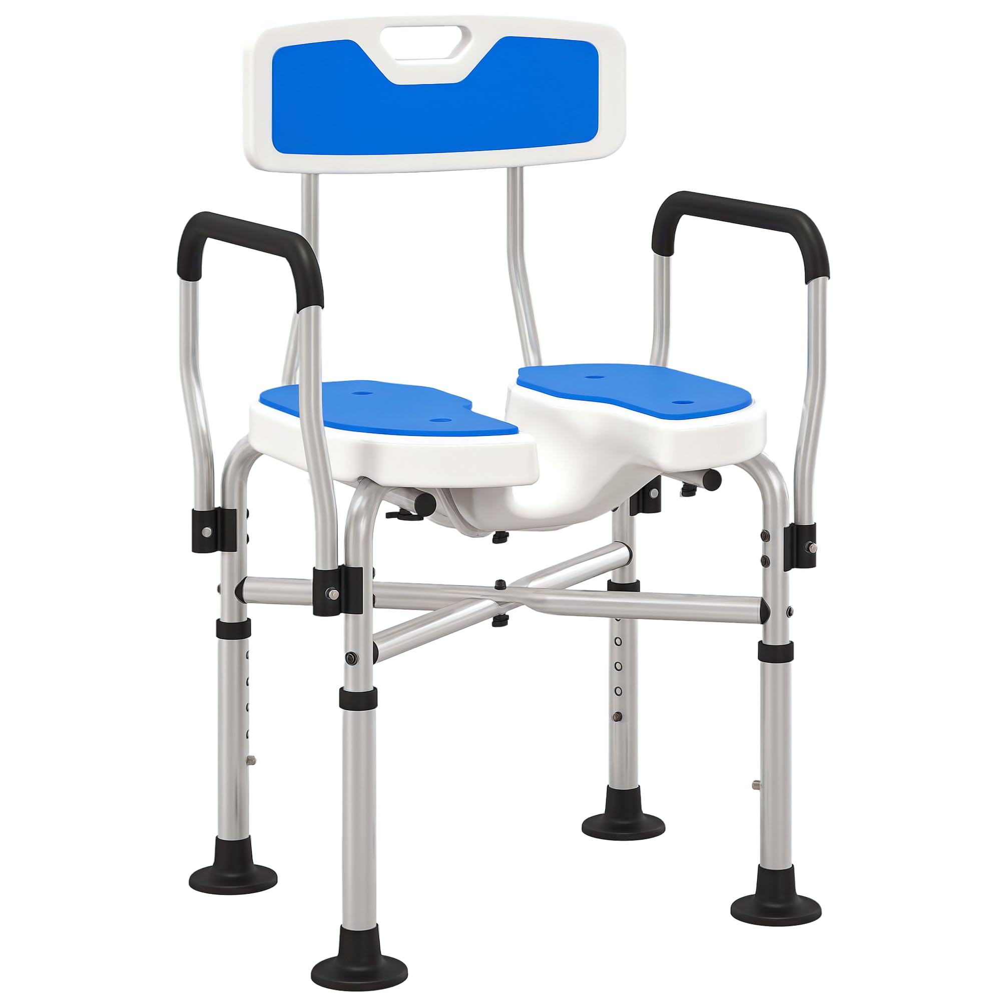 HOMCOM Sedia Doccia con Schienale, Braccioli, Seduta Scanalata e Barre di Rinforzo, Sgabello Doccia con Altezza Regolabile, Fori per Acqua e Piedini Antiscivolo per Anziani e Disabili, Blu