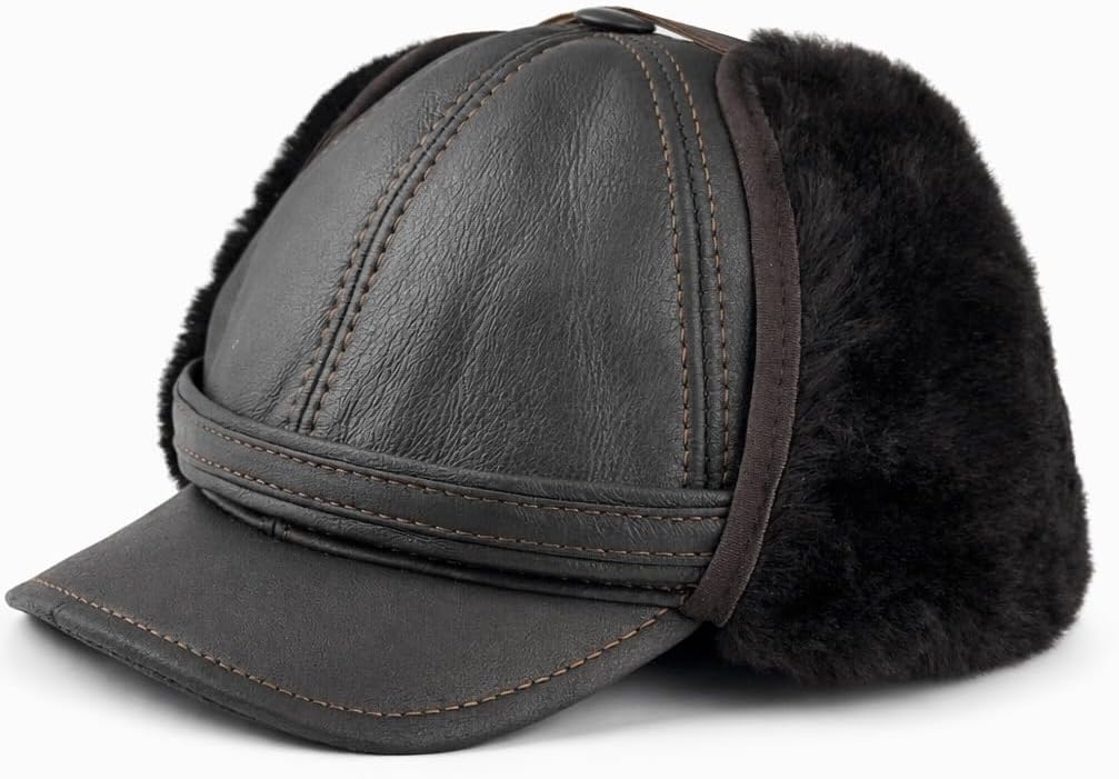 Men’s Shearling Leather Trapper Hat – Aviator Winter Cap with Genuine Sheepskin Ear Flaps | Cold Weather Hat | Ushanka
