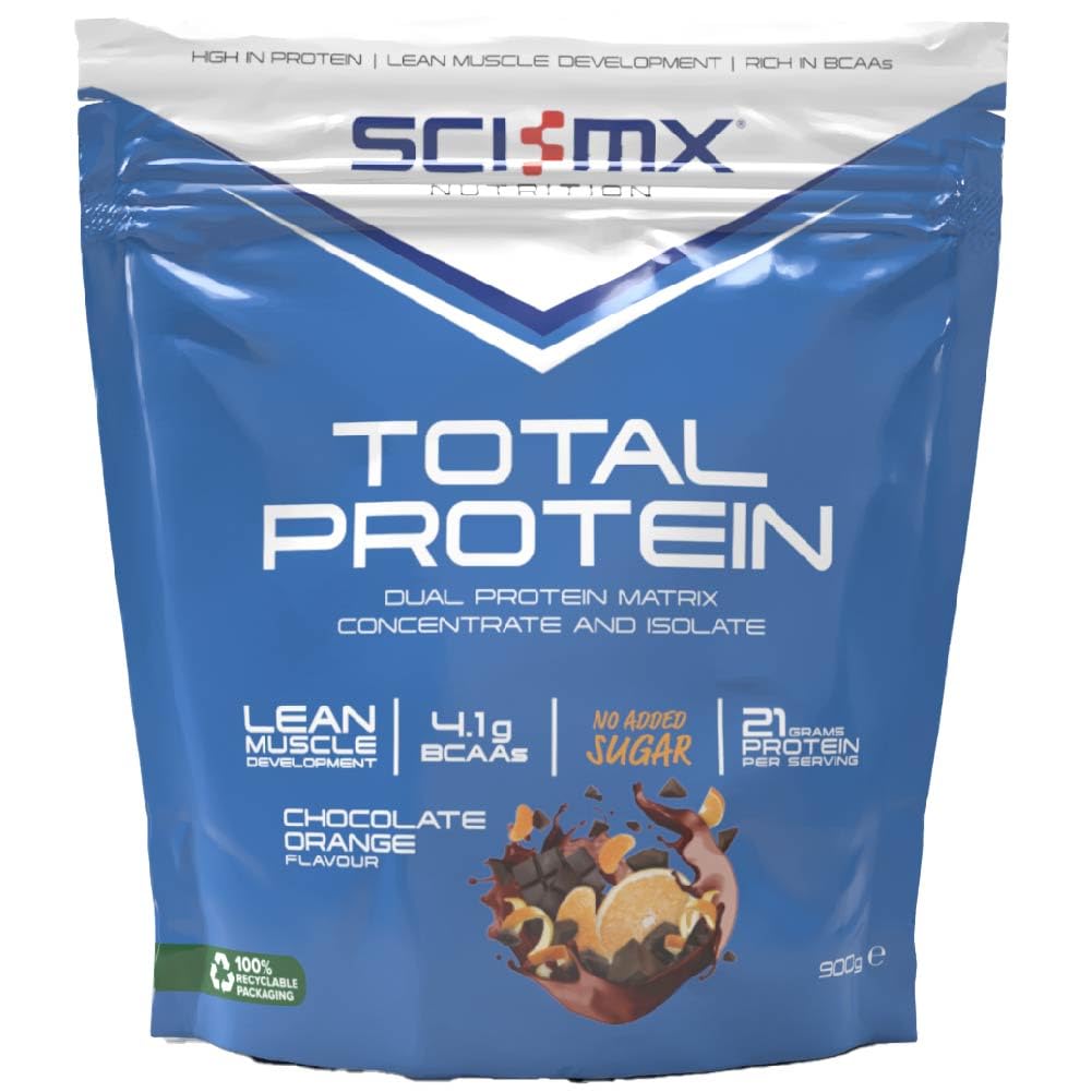 SCI-MX Total Protein - Concentrate & Isolate Protein Powder - Lean Muscle Development - Chocolate Orange • No Added Sugar • 4.1g BCAAs + 21g Protein per Serving • 900g
