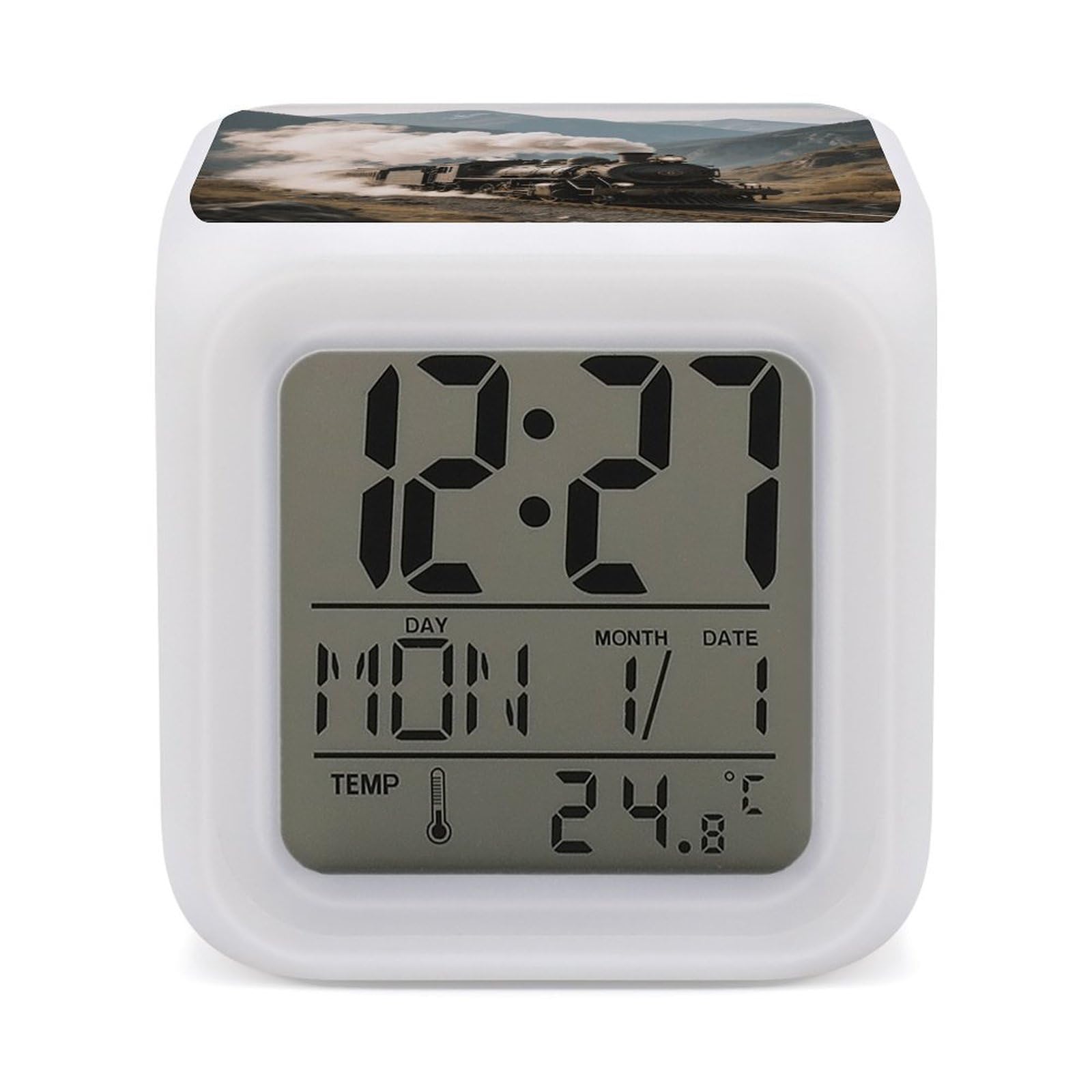 7 Color Ambient Night Light Cube Battery Operated Steam Train in Mountains Digital Clock with Snooze Temperature LED Digital Alarm Clocks Dimmable Wake Up Light Portable Mood Lamp for Bedroom Desk Gif