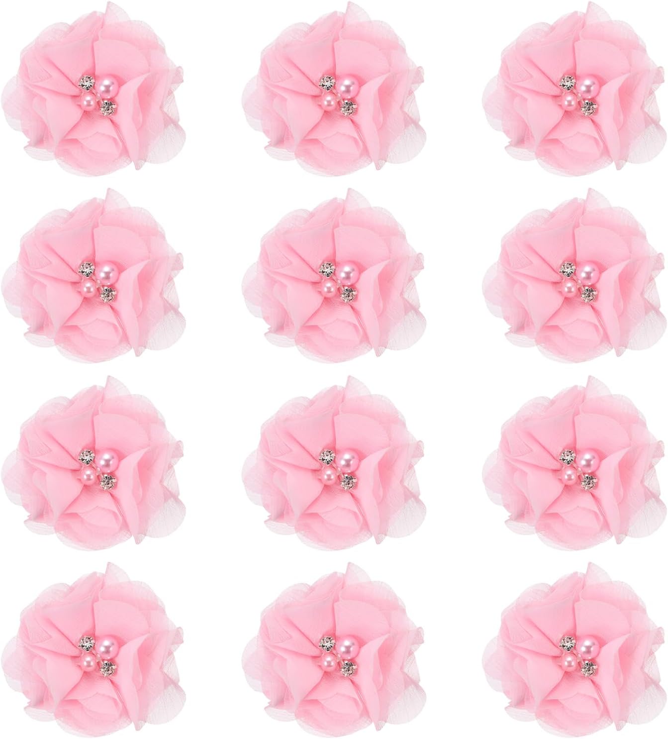 PATIKIL 2 Inch Chiffon Flowers, 12 Pcs Rhinestone Pearl Sewing Fabric Flowers Artificial Appliques Embellishments for Clothing Wedding DIY Craft Headbands Decor, Pink