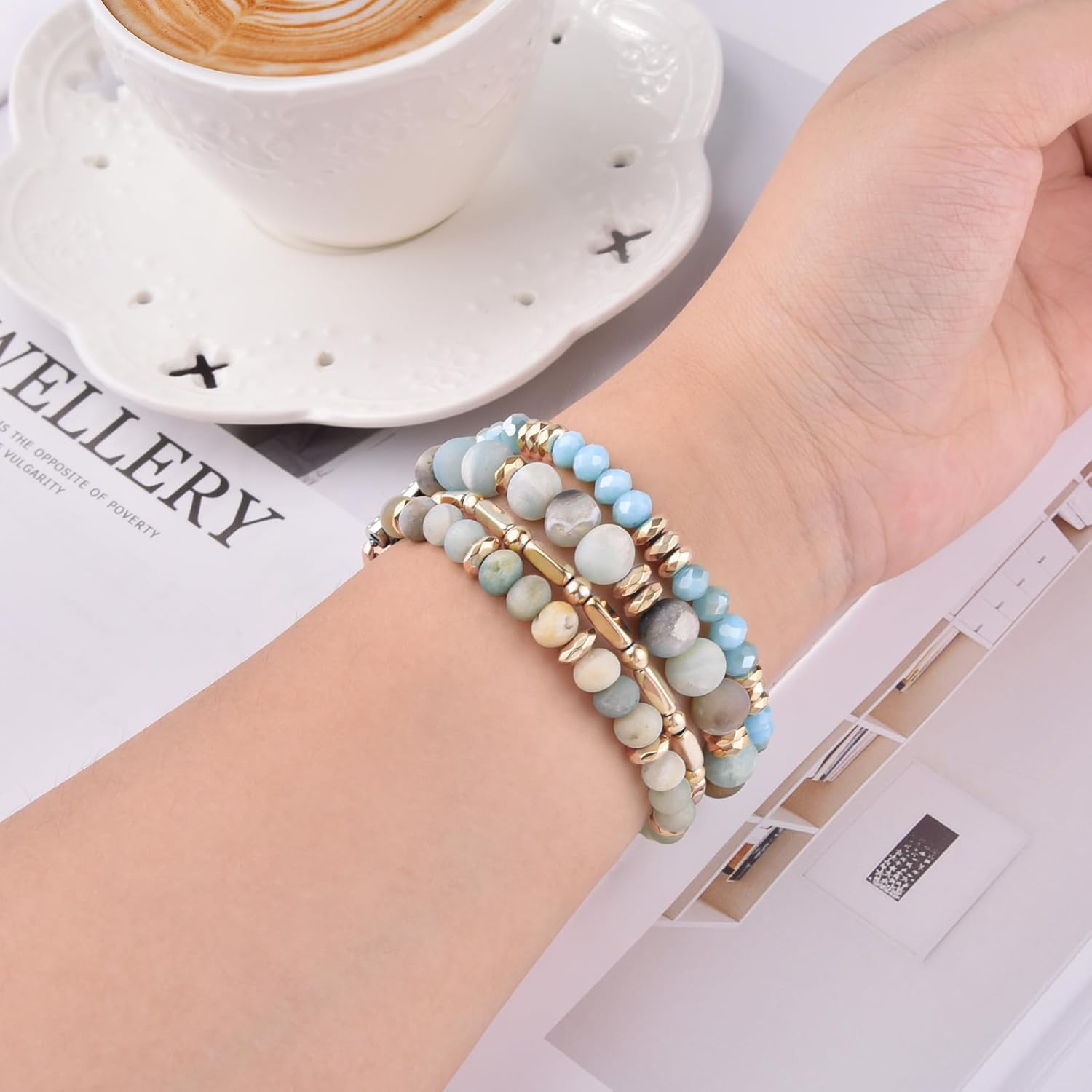 VISOOM Beaded Boho Bracelet Compatible for Samsung Galaxy Watch 8/7/6/5/4 40/44mm Bands/Active 2 Watch 4 Classic 42mm Band Women, 20mm Handmade Elastic Crystal Beads Bracelet for Galaxy Watch 5 pro - Image 7