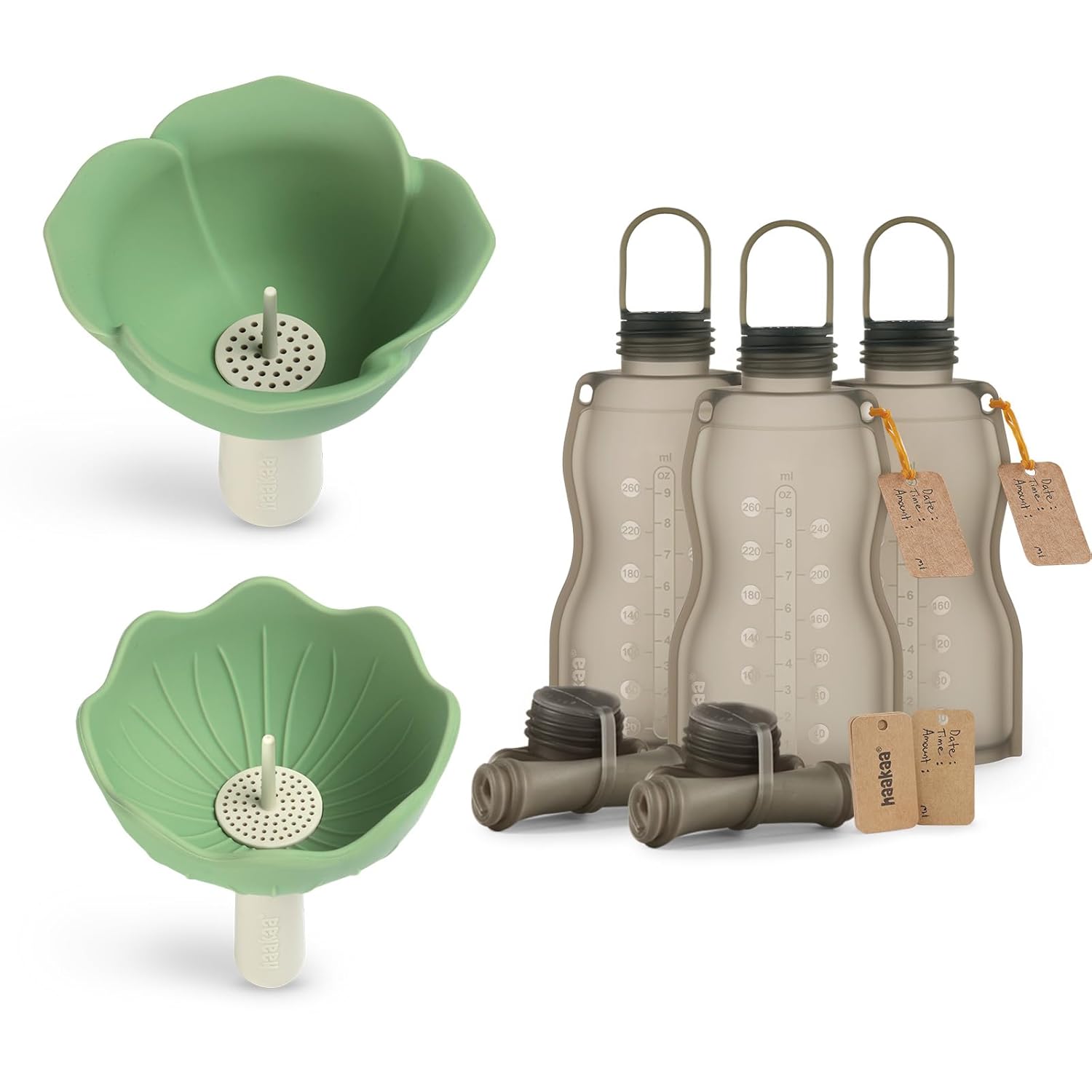 haakaa Silicone Breast Milk Storage Bag&Flower Funnel Set-Reusable Milk Collector Freezer Bag for Breastfeeding Mom - Baby Food Storing Yummy Pouch - Breast Pump Bag -Leakproof -Small Funnels