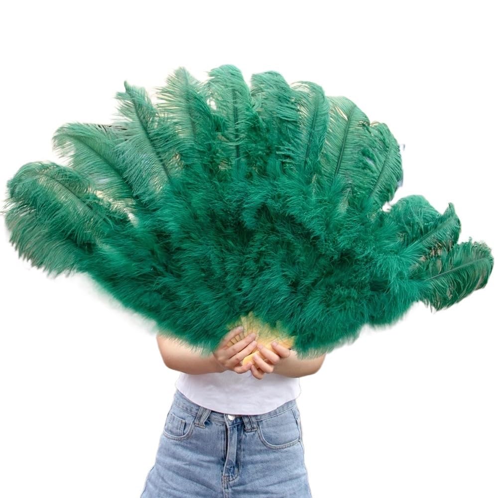 MWYDMA Ostrich Feather Fan Large Femina Feather Fan Feather Hand Fan Flapper Folding Fan Dance Feather Fan for Costume Party(Dark Green,2pcs 60-90cm)