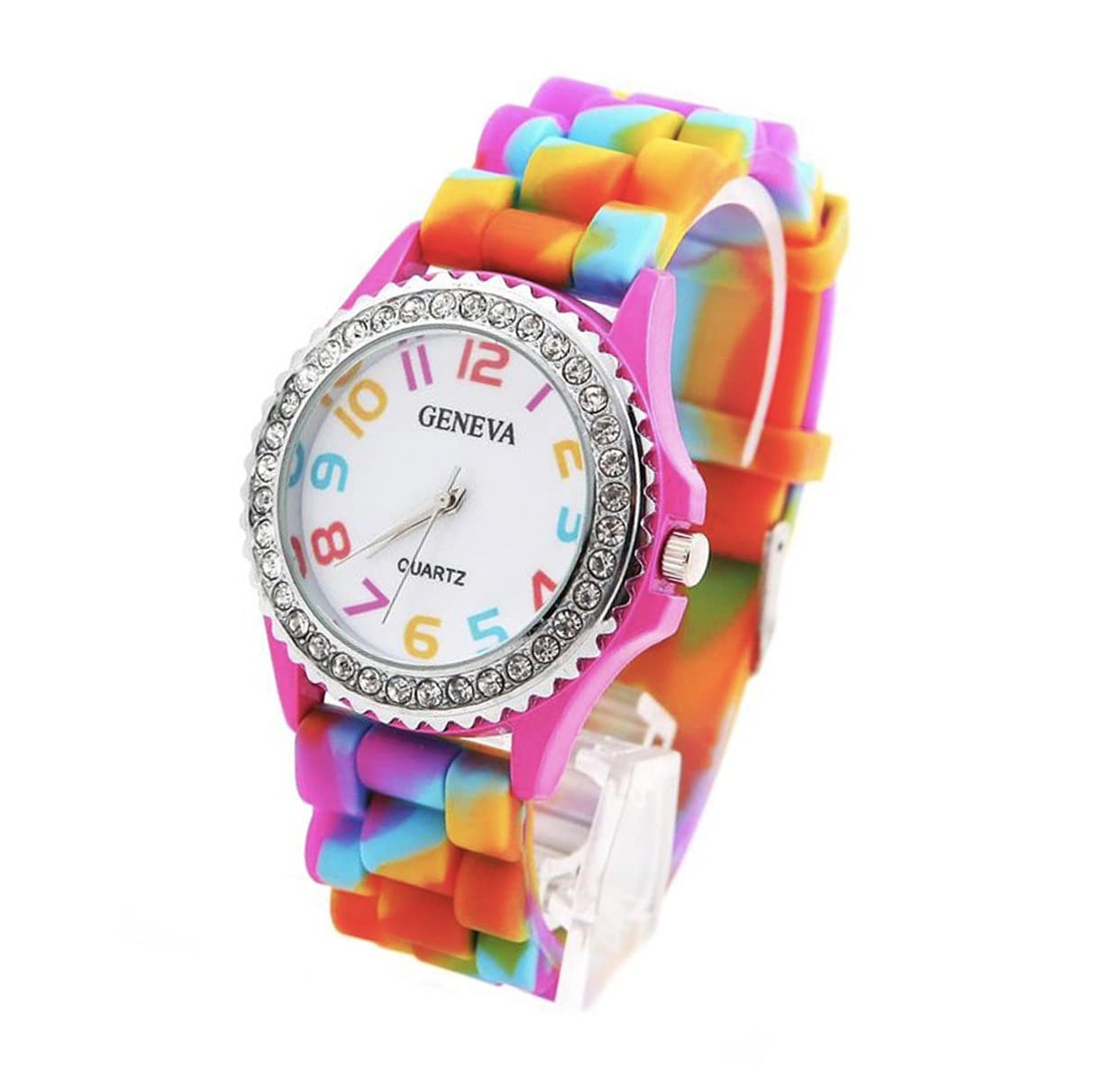GenericLesbian & Gay Pride CZ Stone Face Wrist Watch Analog Clock Featuring Rainbow Flag Band. LGBTQ Pride Jewelry and Accessories