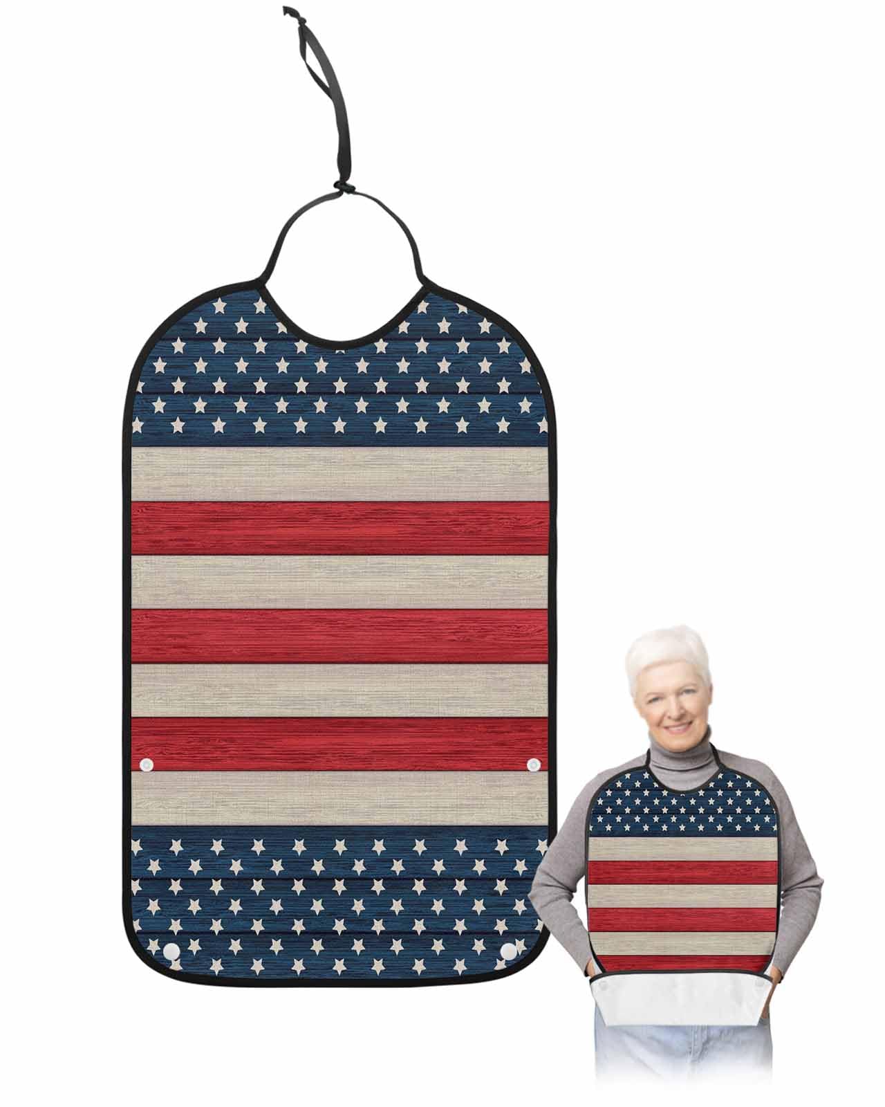 Stripes Stars American Flag Adult Bib for Adults Men,Women,4th of July Farmhouse Woodgrain Washable & Adjustable Terry Cloth Bib with Crumb Catcher Reusable Waterproof Clothing Clothes Protector Apron
