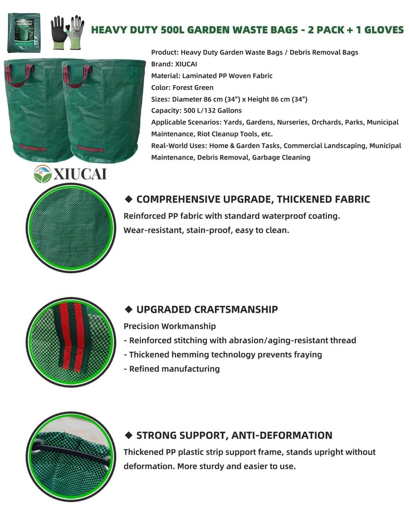 Sacs Extra-Larges 500L pour Déchets de Jardin avec 1 Gants Anti-Coupure - Stockage Pliable pour Feuilles et Branches,2bags 1glove