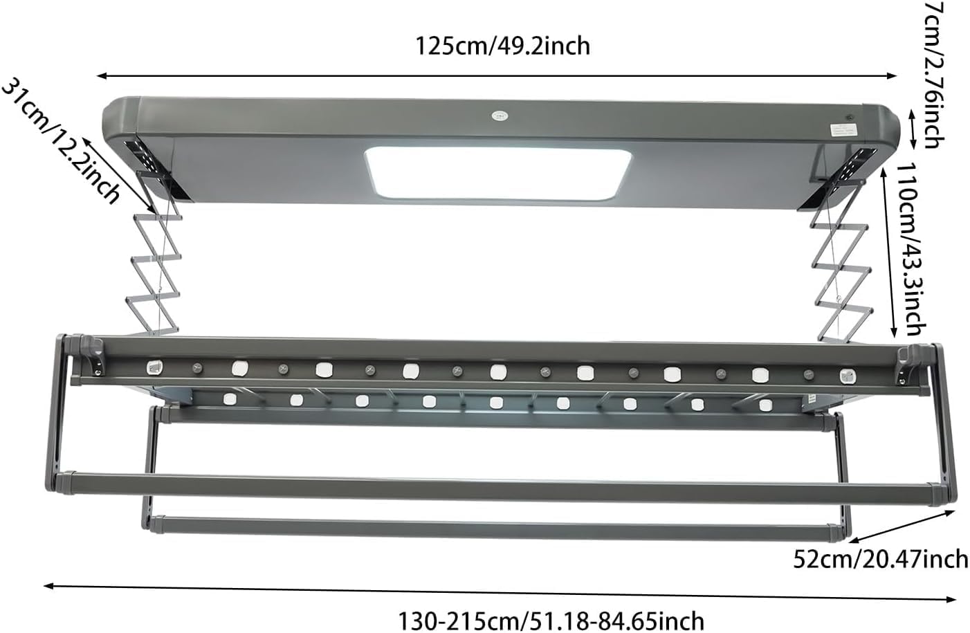 Adjustable Electric Ceiling Drying Rack with Led Light & Remote Control - 77lbs Load Capacity, Perfect for Balconies, Hotels, Apartments - Black Gray