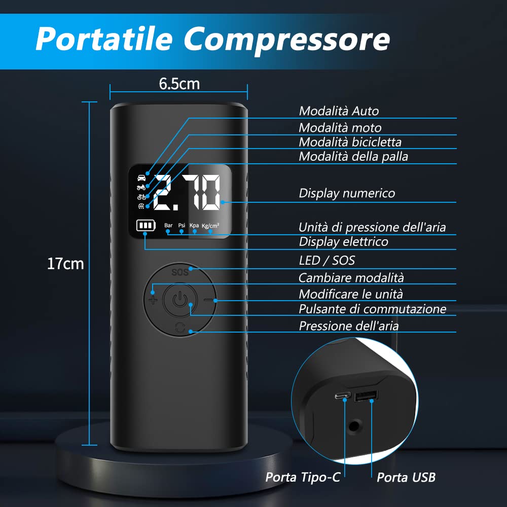 7800mAh Mini Compressore Aria Portatile Auto per Pompa Elettrica per Bicicletta, Auto, Moto, Monopattino,Palloni
